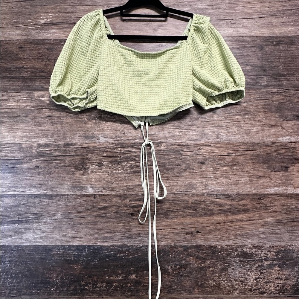 SHEIN Green Puff Sleeve Crop Top with Tie Back